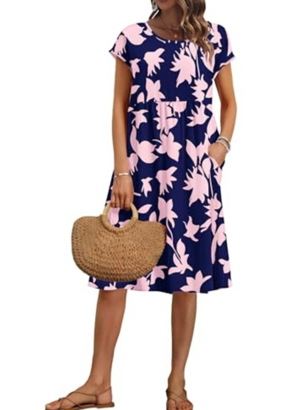 🆕 Women Summer Dresses Short Sleeve Knee-Length Round Neck Loose Dress